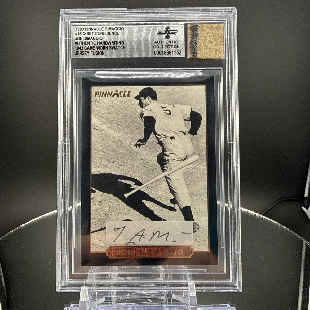 1942 Game Worn - Pinnacle 1993 Joe DiMaggio #24 Quiet Confidence BGS Handwriting